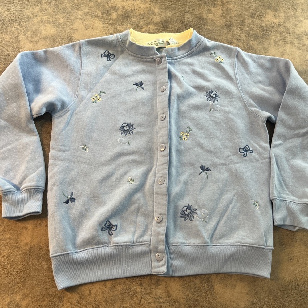 VTG Cardigan Sweater SHENANIGANS Size S Blue Fleece Floral Cottage Core